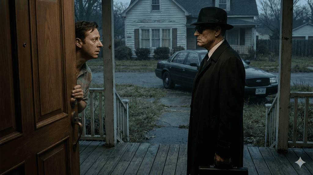 Homem de preto abordando testemunhas...